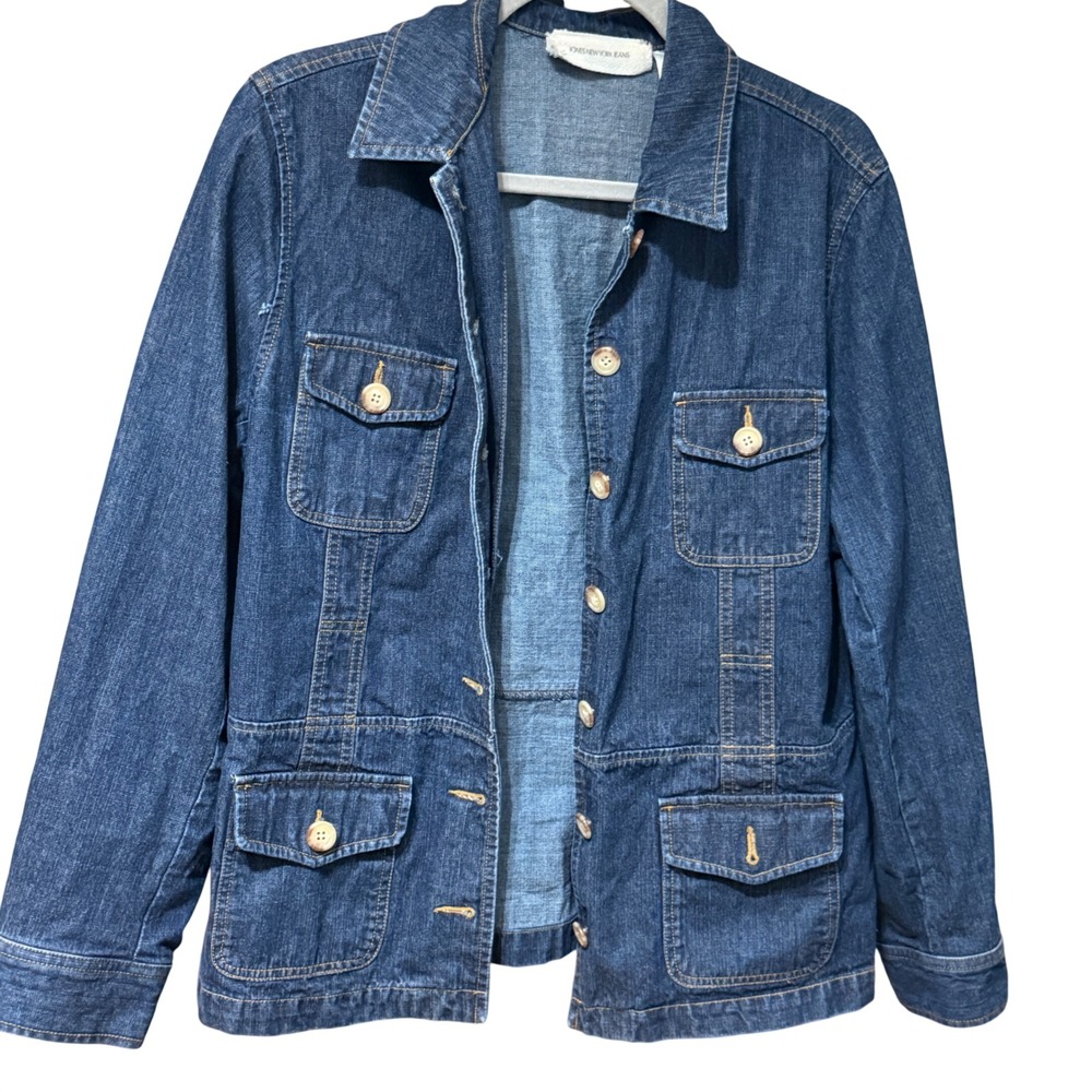 Jones New York Jeans Denim Chore Jacket L Blue Good Utility Button Up Pocket